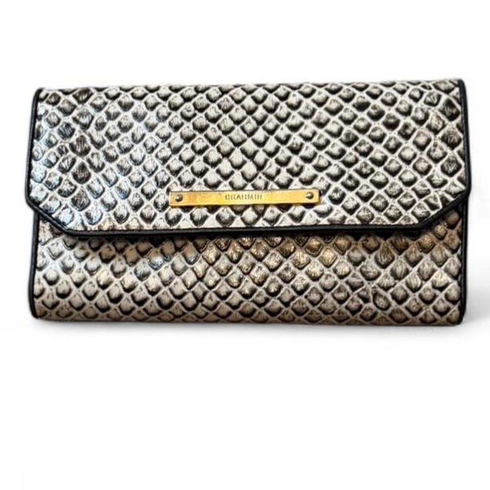 Brahmin Gray & Black Snake‎ Print Trifold Leather Wallet